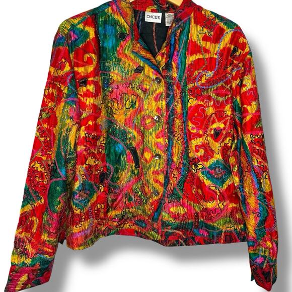 Vintage 90s Y2K Chico's Silk Jacket Size 2 (L) Embroidered Beaded Embellished - Picture 1 of 5